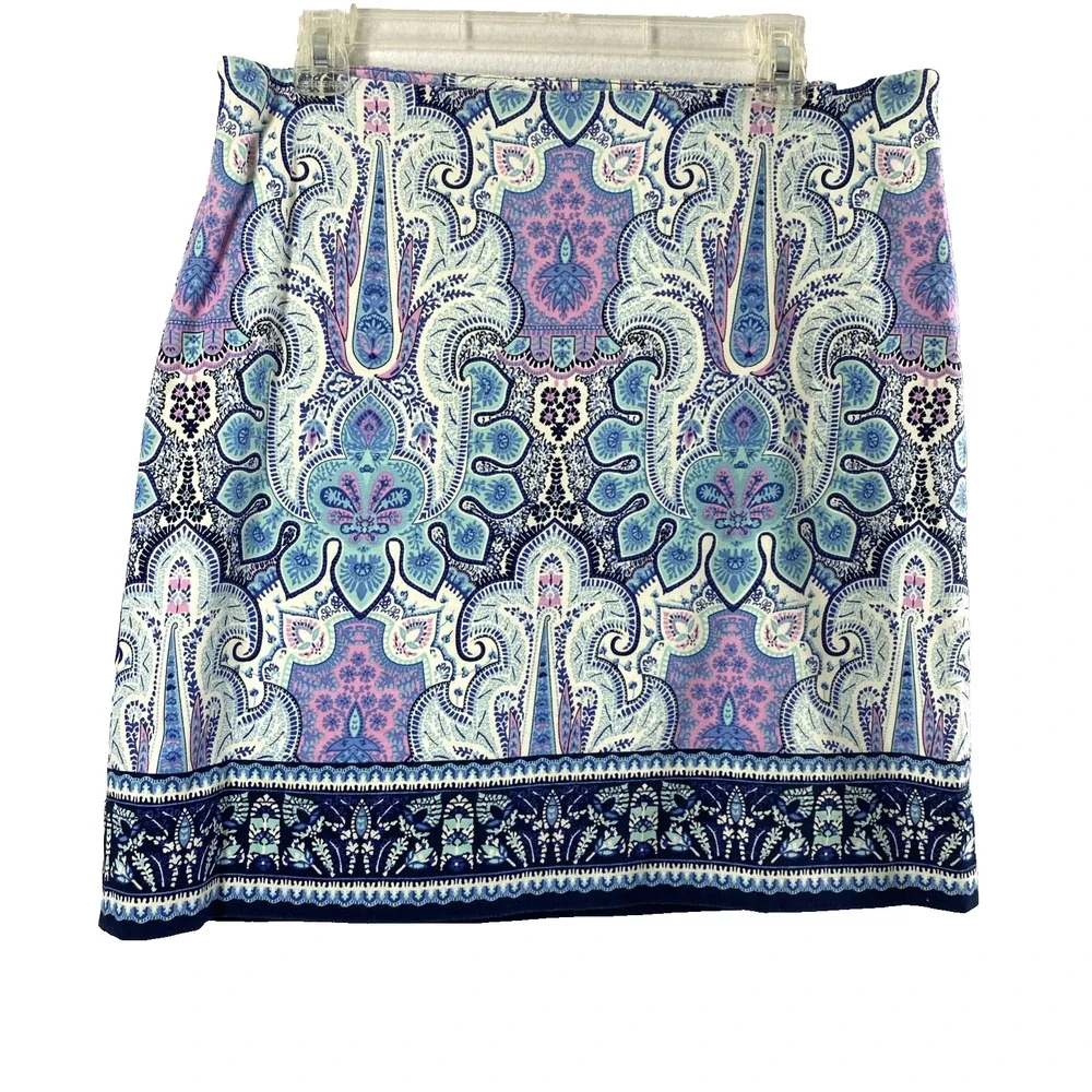 Talbots A Line Skirt Womens Size‎ 12 Blue Pink Artsy Print Cotton Blend Office